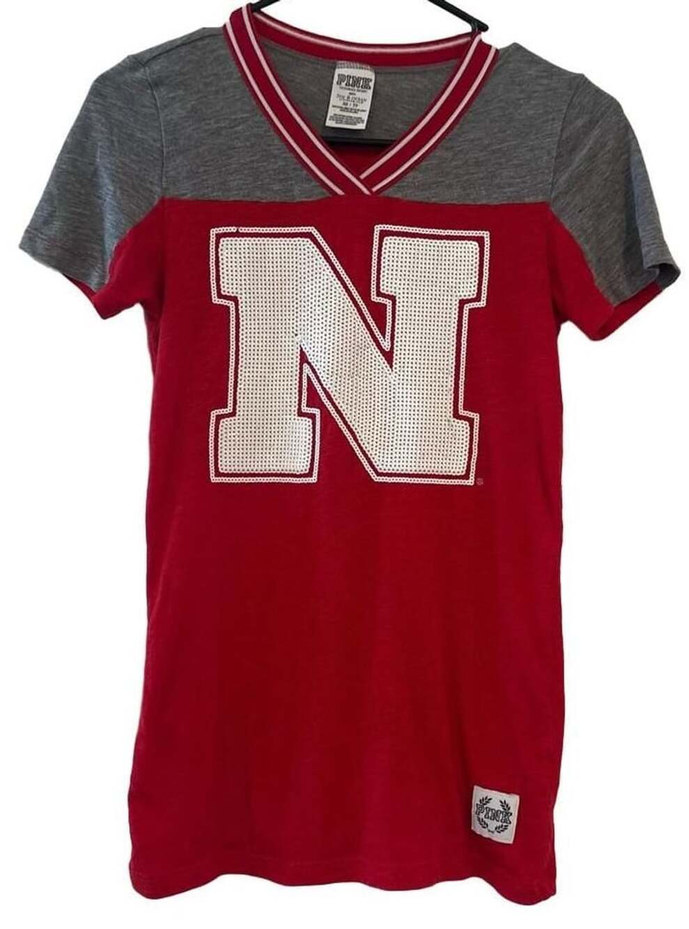 Pink Victoria's Secret Nebraska Cornhuskers T-Shirt XS Sequin Bling Red White